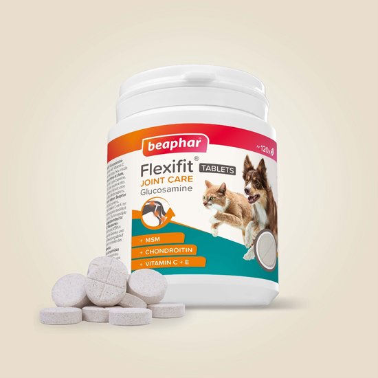 Beaphar Flexifit tabletten voor gewrichtsondersteuning met afbeelding van hond en kat.
