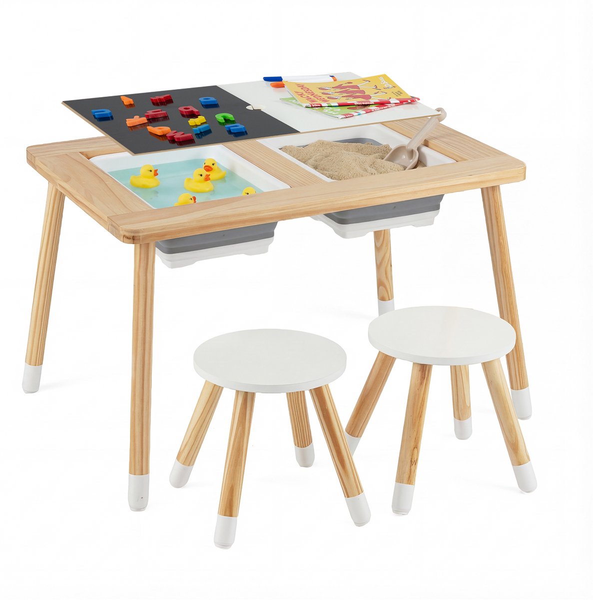 COSTWAY 6-in-1 kinderspeeltafel, sensorische tafel met dubbelzijdig tafelblad en 2 opvouwbare containers, kindertafel Montessori met 2 stoelen, water- en zandtafel voor kinderen vanaf 3 jaar (rond)