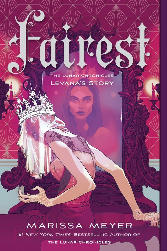 Boek 'Fairest: Levana's Story' uit The Lunar Chronicles, met een vrouw in een kroon en sluier voor een spiegel met haar reflectie.