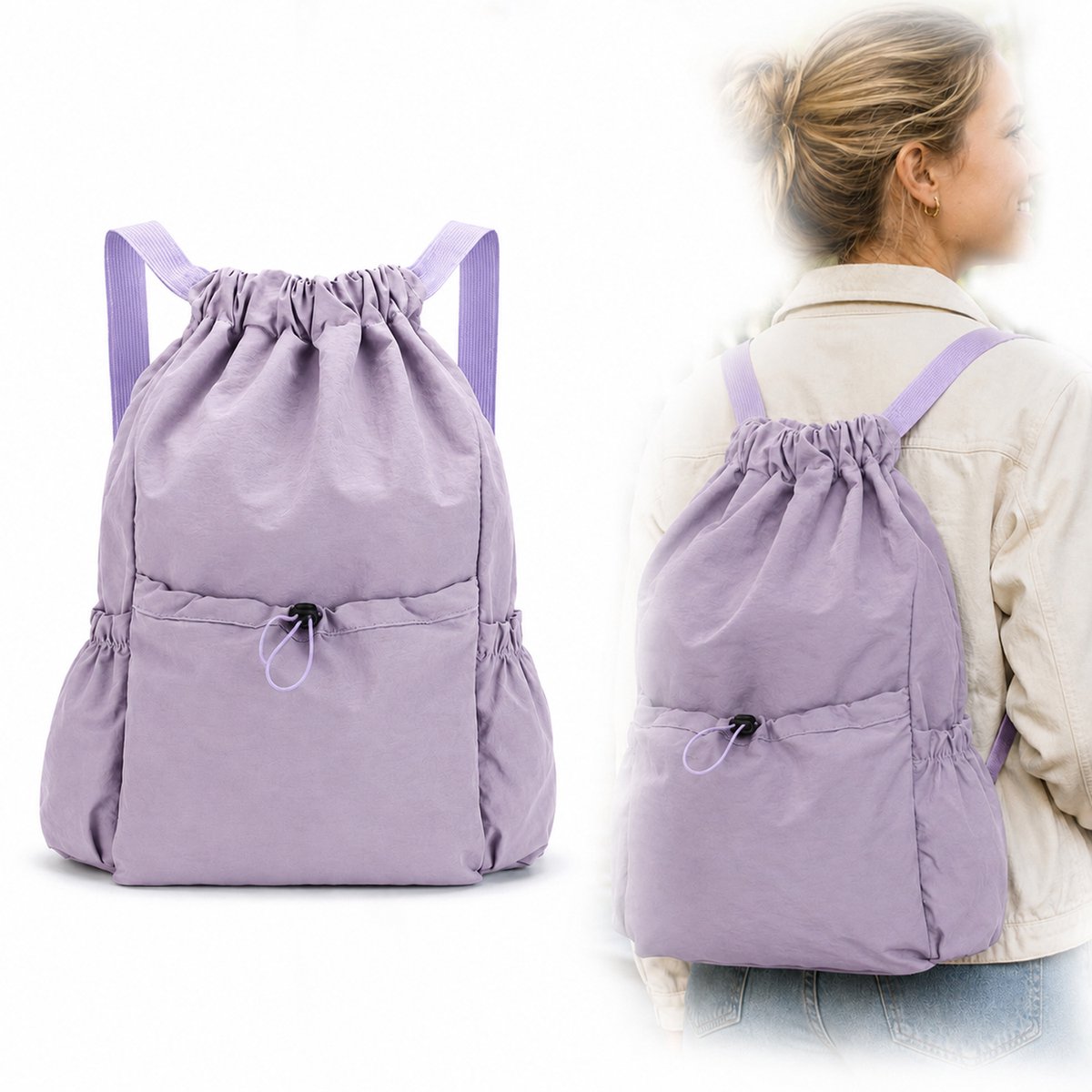 Ulisem - Gymtas met Trekkoord – Opvouwbare Rugzak 20L – Lichtgewicht Cinch Bag – Waterafstotende Sporttas – Dagrugzak voor Reizen, Winkelen, Fitness & Outdoor – Paars