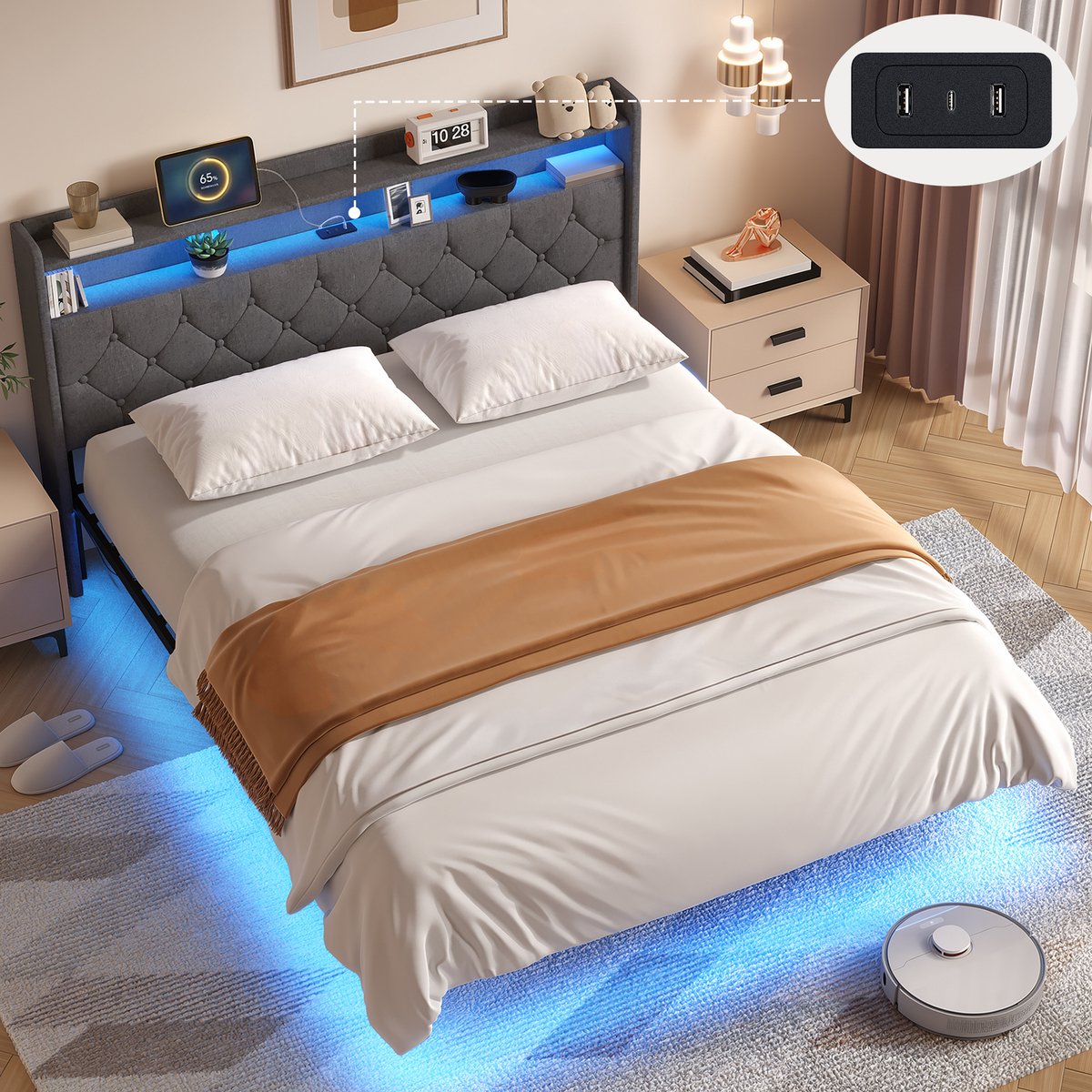Xbro Bed 160 x 200 cm met Verstelbare LED-verlichting en USB-oplaadpoort,Tweepersoonsbed met Lattenbodem,Gestoffeerd Bed met Hoofdbord en Opbergruimte,Donkergrijs