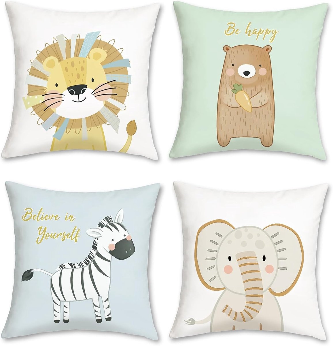 Schattige Cartoon Dieren Kussenhoezen 45 x 45 cm - Leeuw, Beer, Zebra, Olifant - Zachte Velours Decoratieve Kussens voor Bank, Bed en Tuin - Set van 4