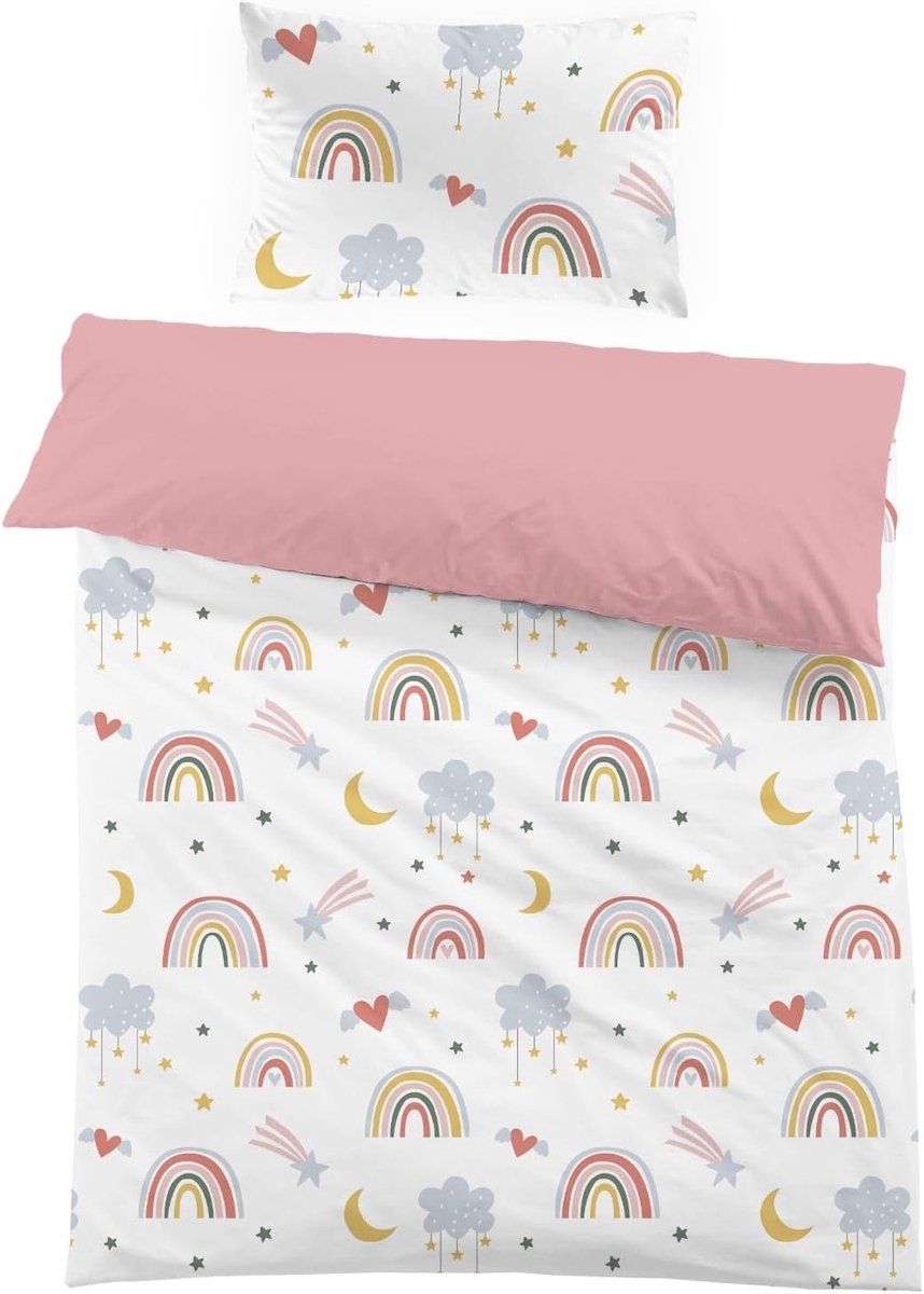 Duvet Cover voor Kinderen 120x150 cm in Roze met Regenboog en Kussenhoes 40x60 cm, Eenpersoons Beddegoedset, Multicolor 3D Print met Sterren en Maan, Perfect Cadeau voor Feestjes