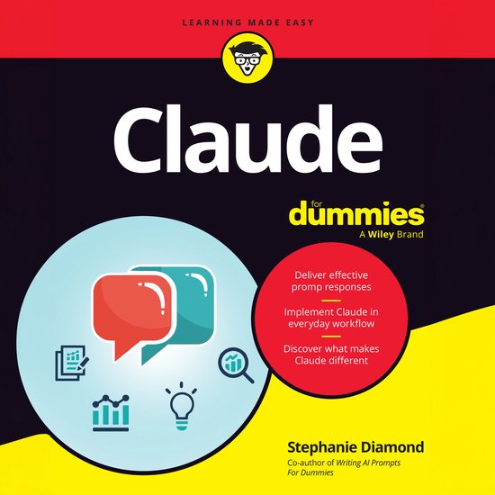 Boek "Claude for Dummies" met illustraties van chatbubbels en grafieken. "Learning made easy".