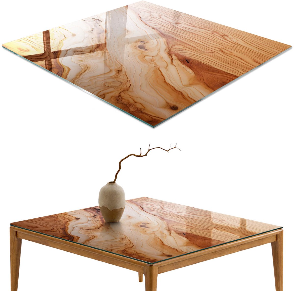 ArtPrintCave Houten ringen Glazen Tafelblad 60x60 cm - Tafelblad Rechthoek - Beige Eettafel Met Glasplaat - Teksten Terrastafel