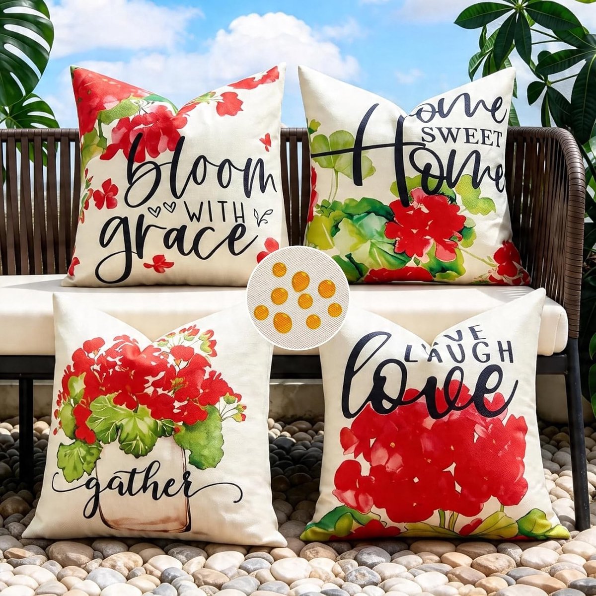 Set van 4 Decoratieve Kussens 45x45 cm - Modern Ontwerp met Rode Geraniums en Minimalistische Citaten - Weerbestendig voor Woonkamer en Terras