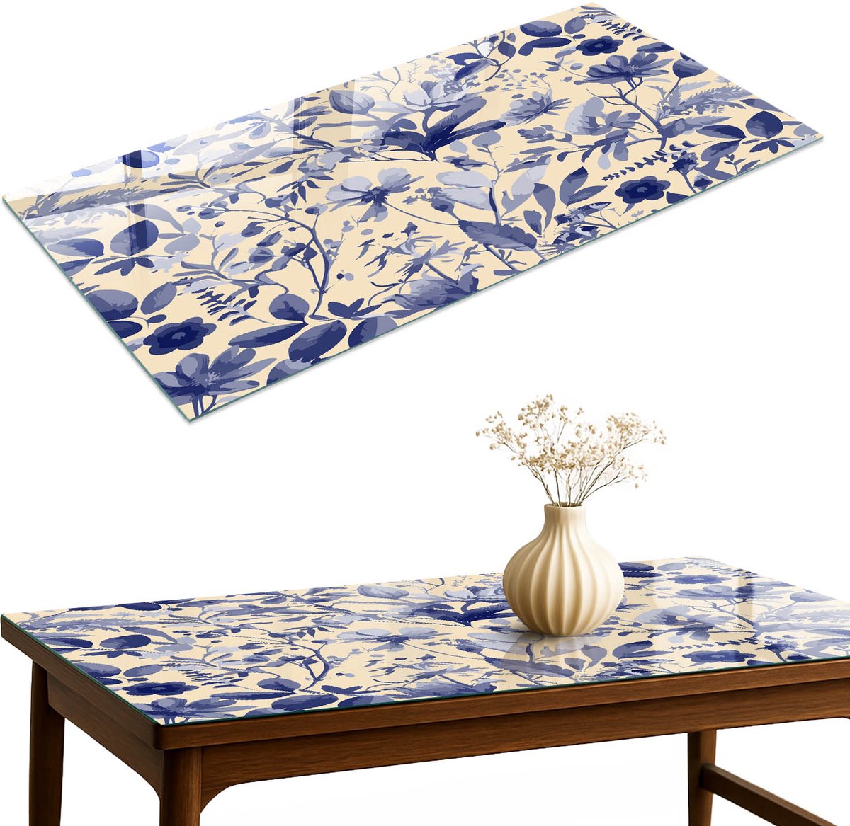 ArtPrintCave Blauwe bloemen Glazen Tafelblad 140x70 cm - Tafelblad Rechthoek - Romig Tafelblad Glas - Bloemen en planten Terrastafel