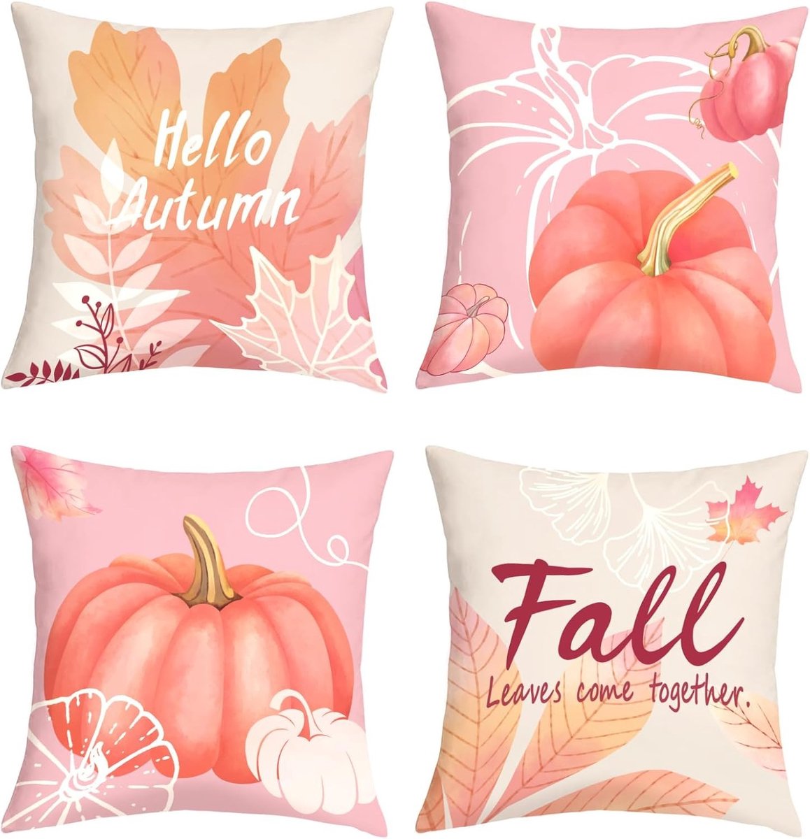 Set van 4 Kussenhoezen 45 x 45 cm met Herfstthema in Roze en Pompoen Waterverf, Ideaal voor Slaapkamer en Bankdecoratie met Esdoornbladeren en Bloemen
