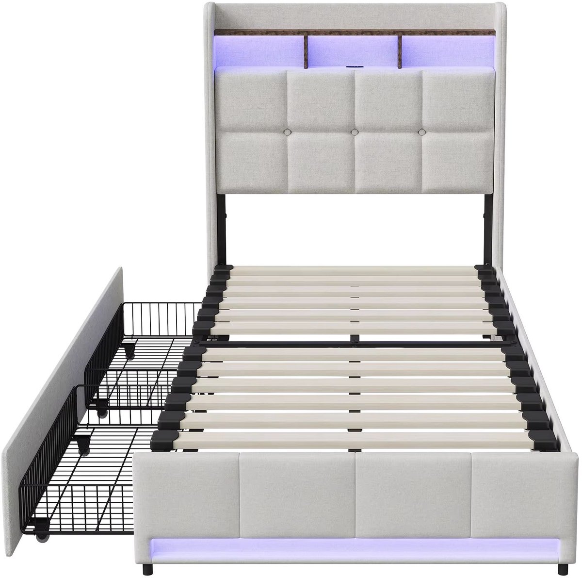 Happiq Kinderbed 90x200 cm Beige - met Opbergruimte, LED