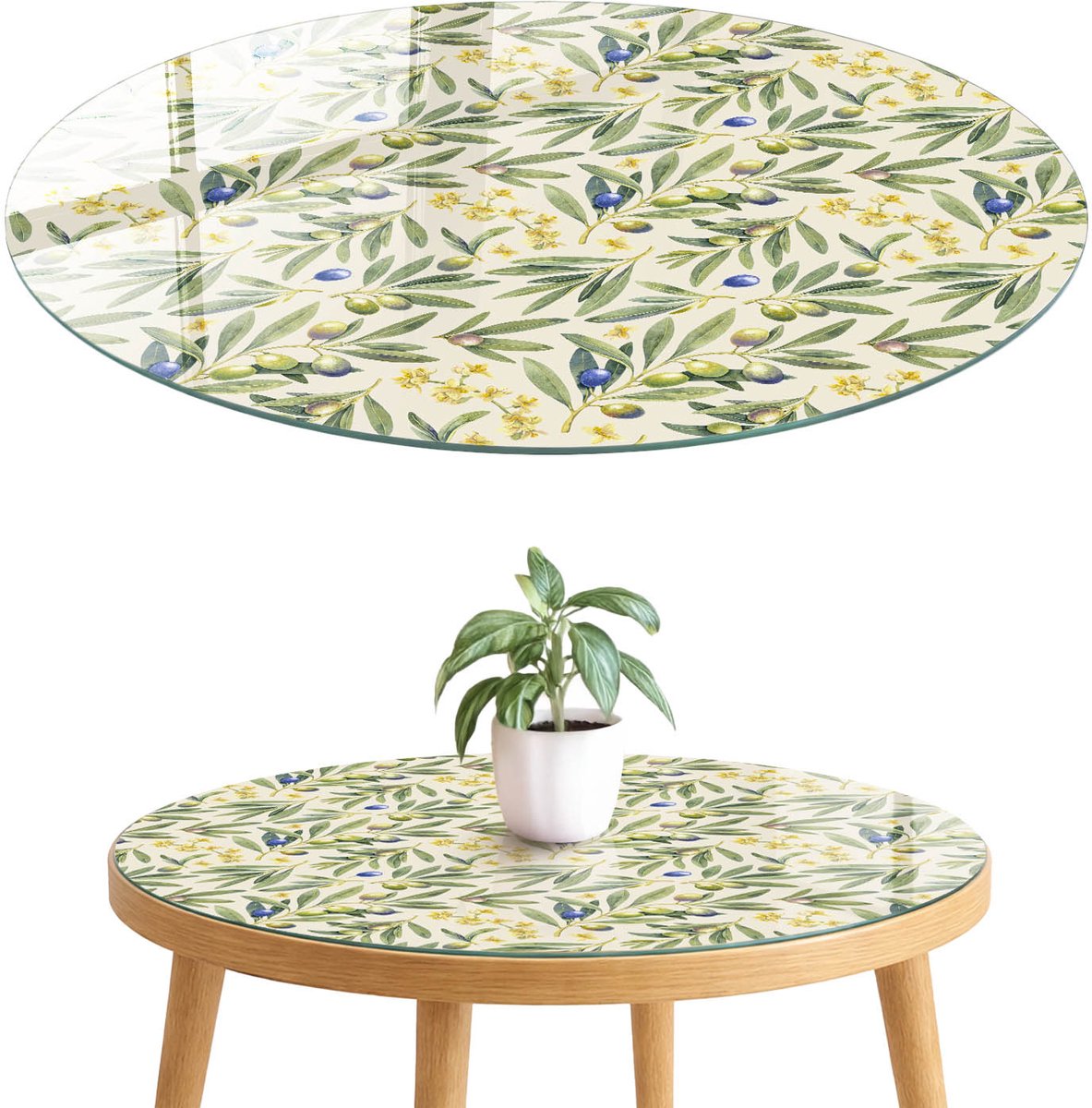 ArtPrintCave Olijfbladeren Glazen Tafelblad fi70 cm - Tafelblad Rond - Groente Keukentafel - Bloemen en planten Eettafel Met Glasplaat
