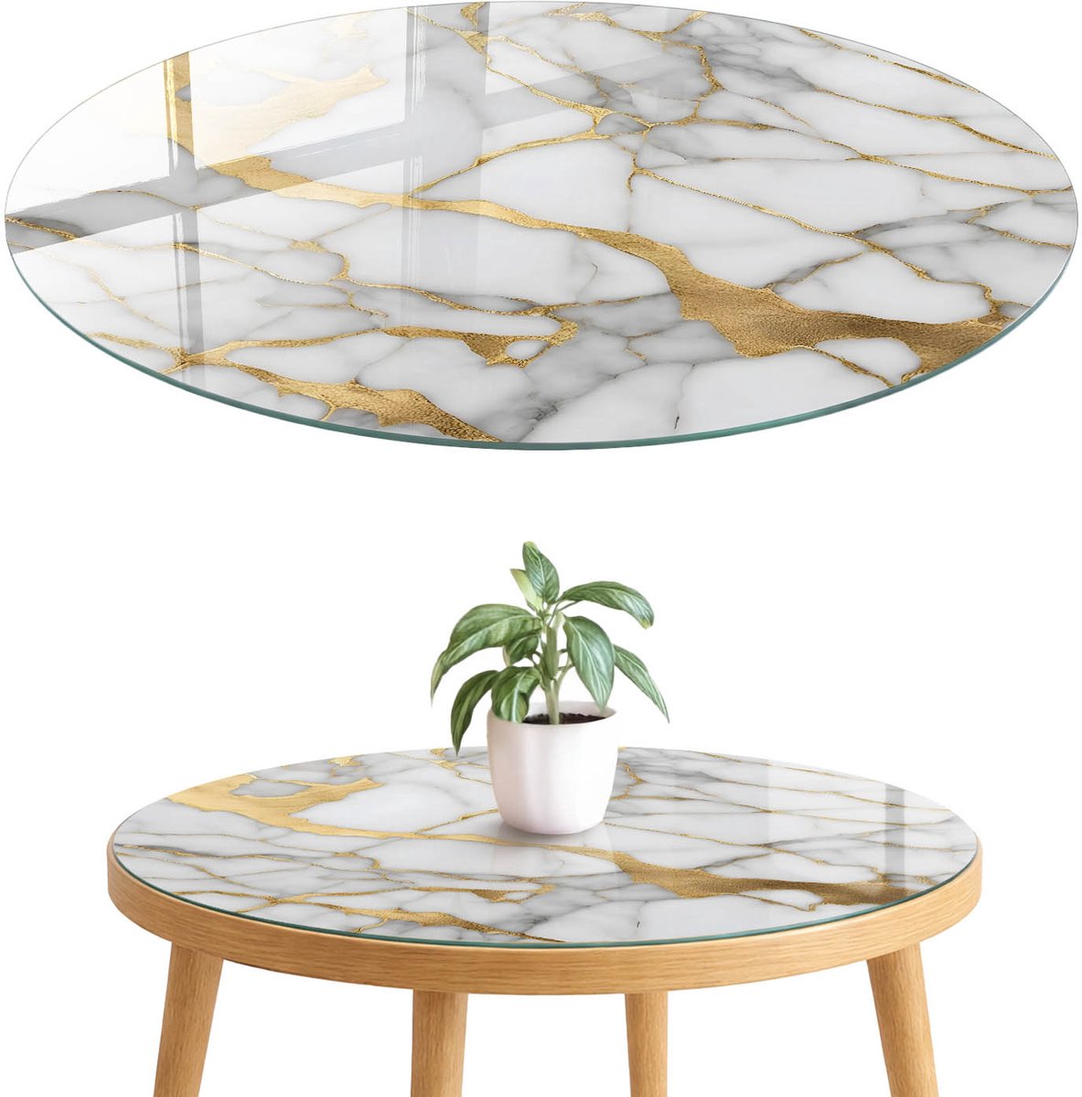 ArtPrintCave Luxe marmer Glazen Tafelblad fi70 cm - Tafelblad Rond - Wit Eettafel Met Glasplaat - Texturen Glazen Eettafel