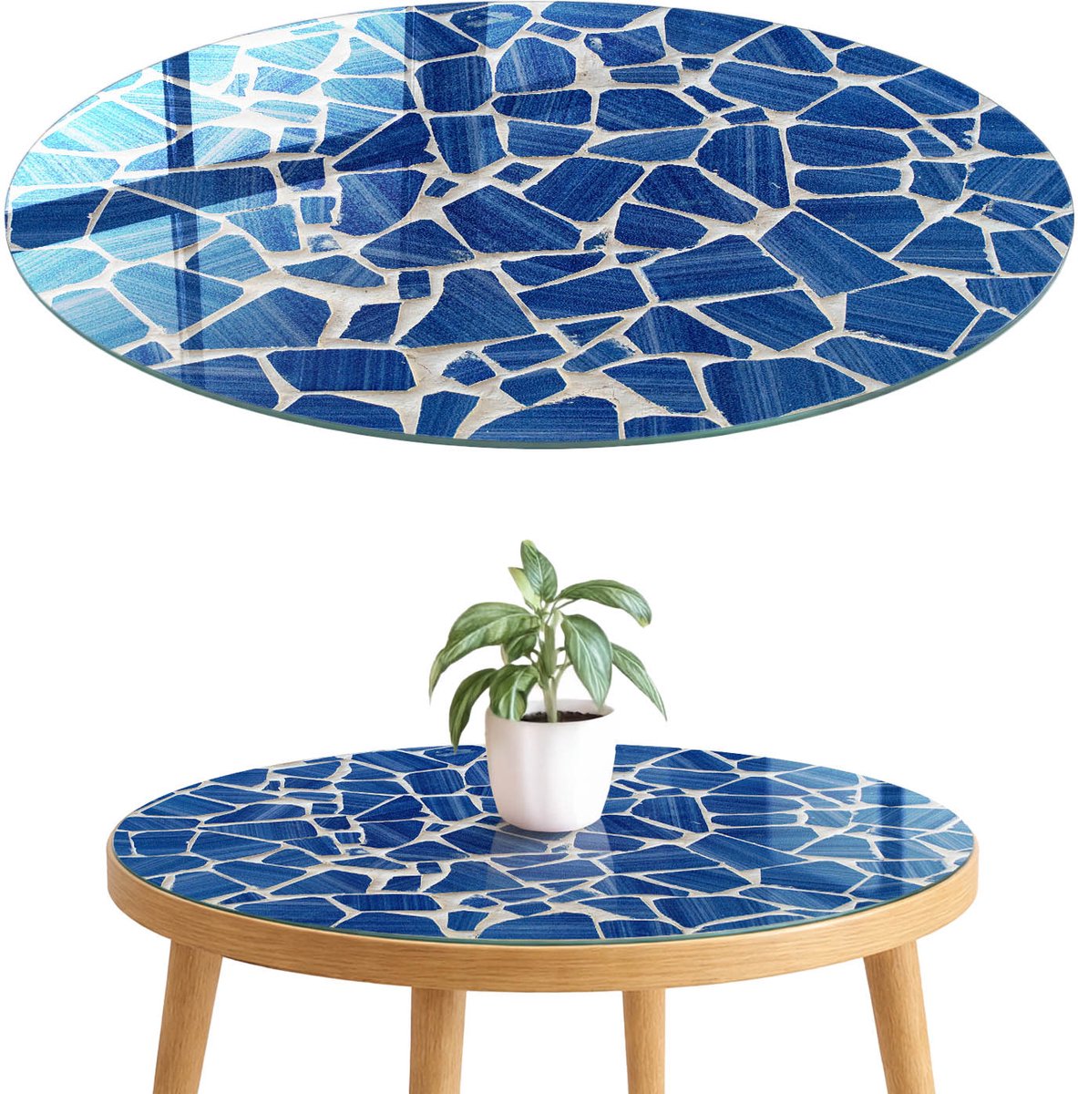 ArtPrintCave Blauw mozaïek Glazen Tafelblad fi70 cm - Tafelblad Rond - Blauw Bureaublad - Gestructureerd Glazen Eettafel