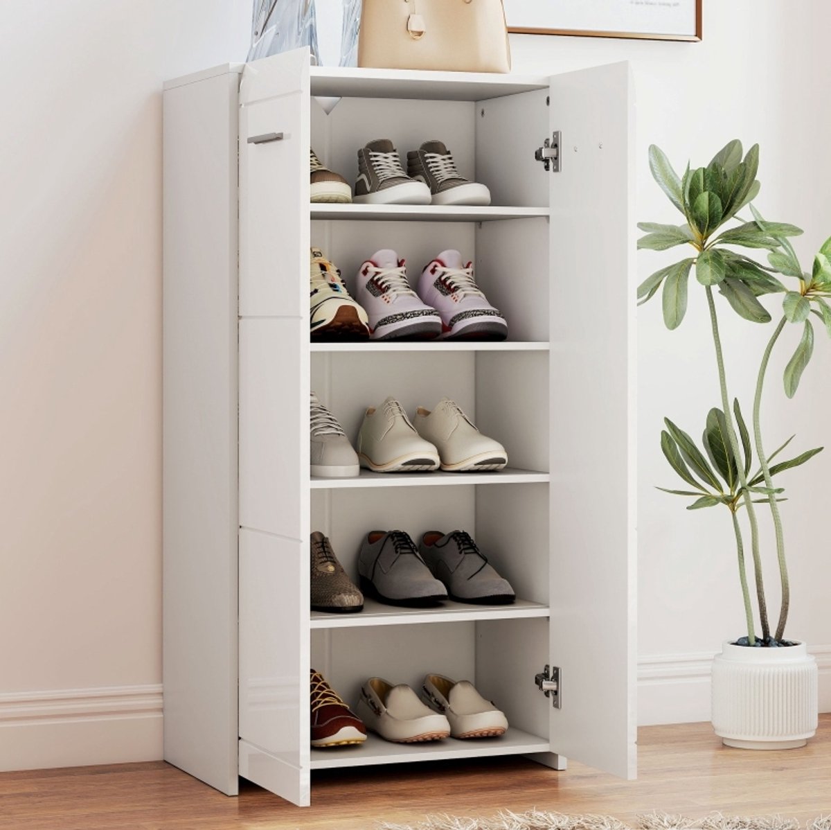 MIVRAY Schoenenkast - Hoogglans Wit Met Verstelbare Legplanken En Deuren Voor 10 Paar - Voor Hal En Gang - Hout - 55x36x108 Cm