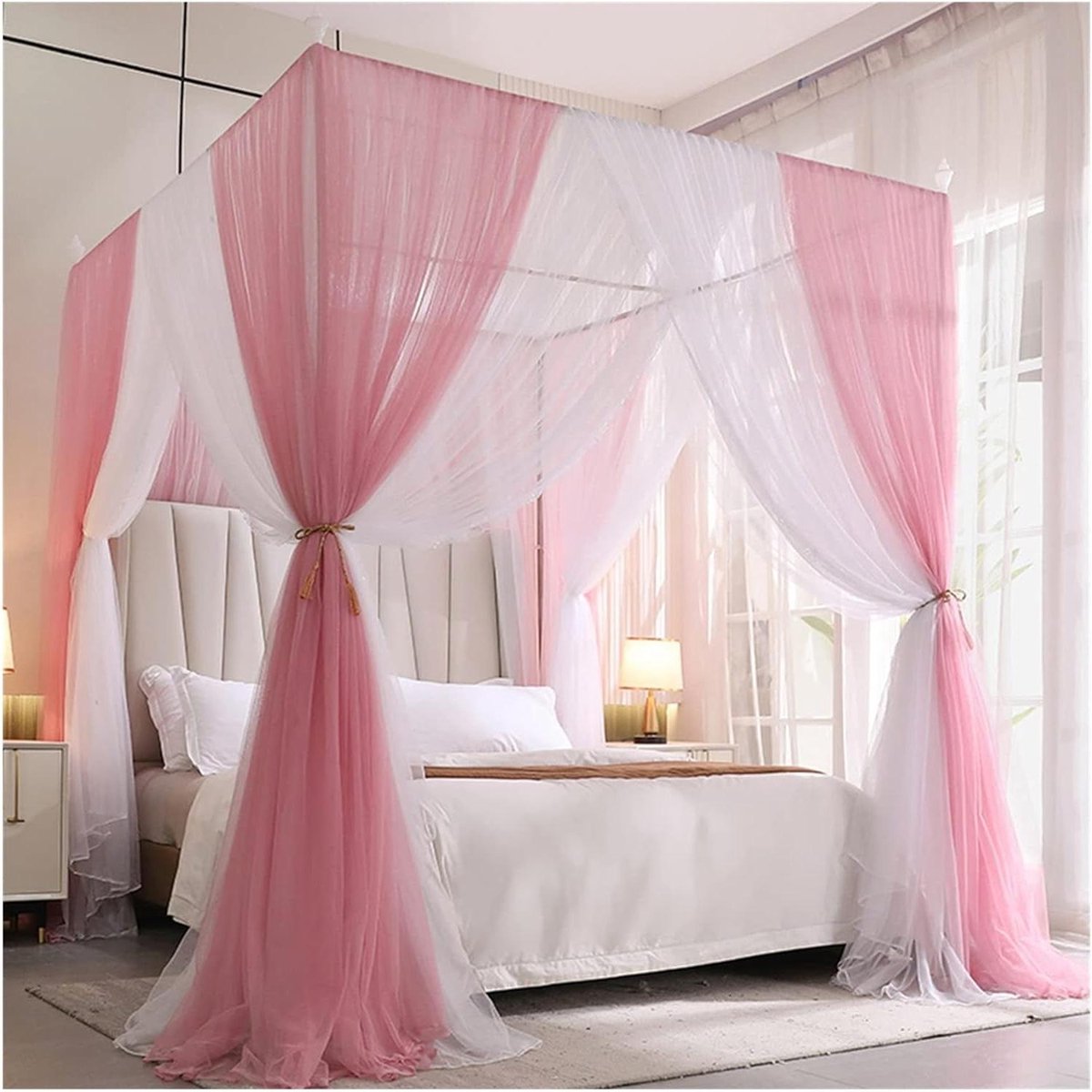 Dubbele Klamboe - Muggennet Bed - Slaapkamer Decoratie - Verhoogde Hoogte - 1.2m Bed - Roze