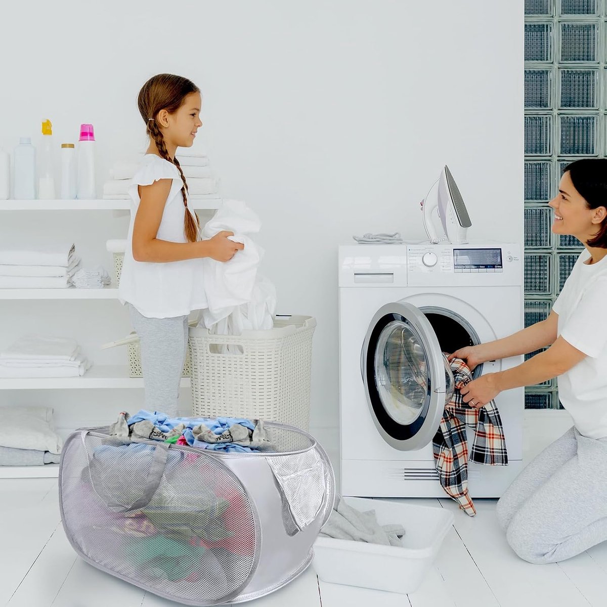 SnelShoppen - Vouwbare Wasmand, Inklapbare Kledingmand, Pop-up Waszak voor Wassen, Badkamer, Slaapkamer, Balkon, Studentenhuis, Hotel, Reizen, Grijs