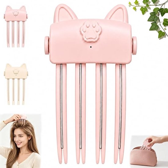 Roze en crème haarclips met kattenoren, naast een vrouw die de roze clip gebruikt en een cosmeticatas.