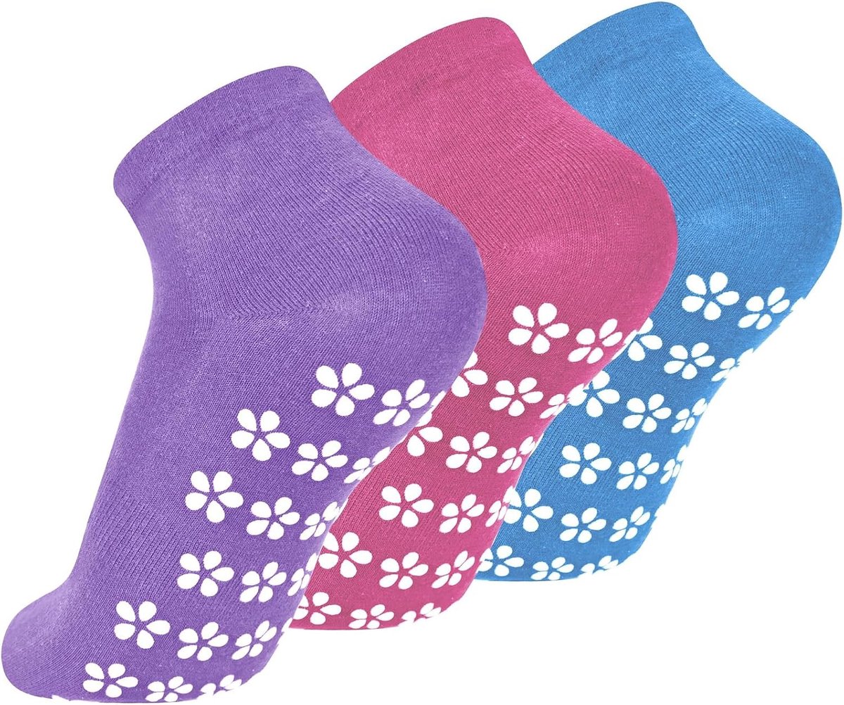 Sokken voor dames, yoga antislip sokken, sportsokken voor pilates, antislip katoenen sokken, grip sokken voor fitness gymnastiek, 35-42 (roze + blauw + paars)