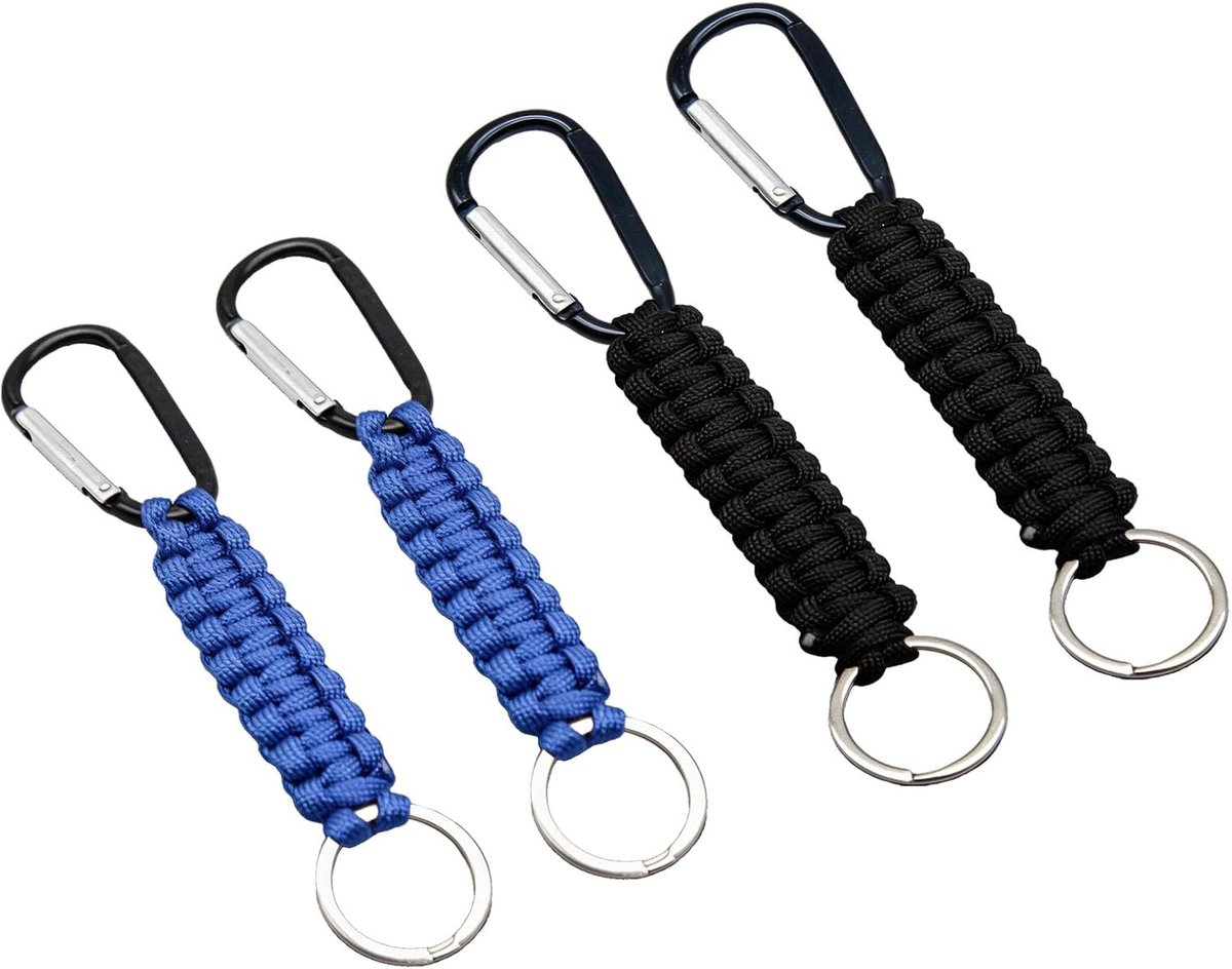 4 stuks paracord-sleutelhangers met karabijnhaak, 2 zwart, 2 koningsblauw, robuuste sleutelband voor outdoor, camping, wandelen, tactische sleutelhanger voor mannen en vrouwen, autosleutelaccessoires