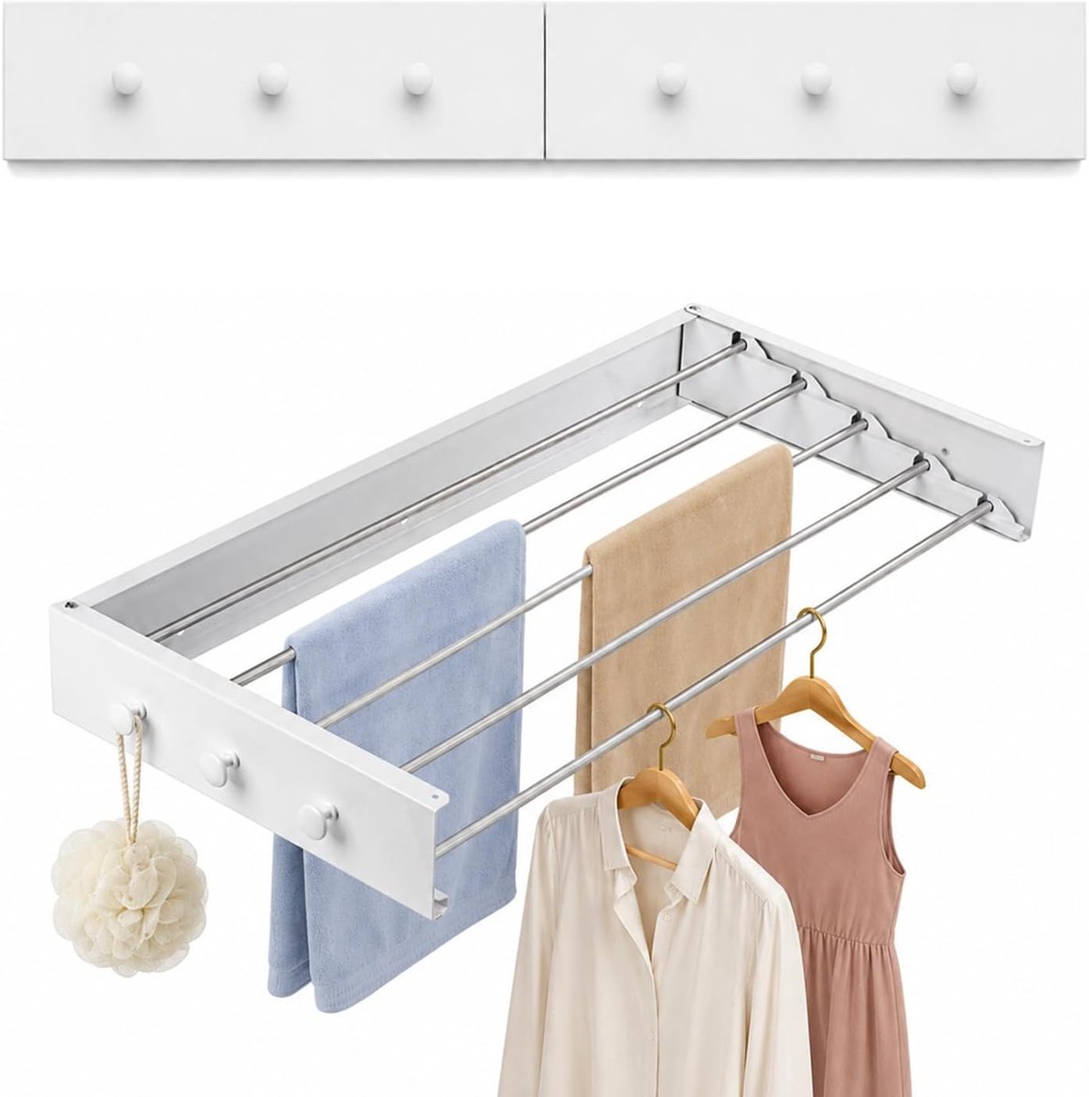 Droogrek voor wandmontage, met upgrade-haken, eenvoudig droogrek aan de muur, opvouwbaar, voor binnen of buiten, wandwasdroger, uittrekbaar voor balkon (80 cm met 6 haken)