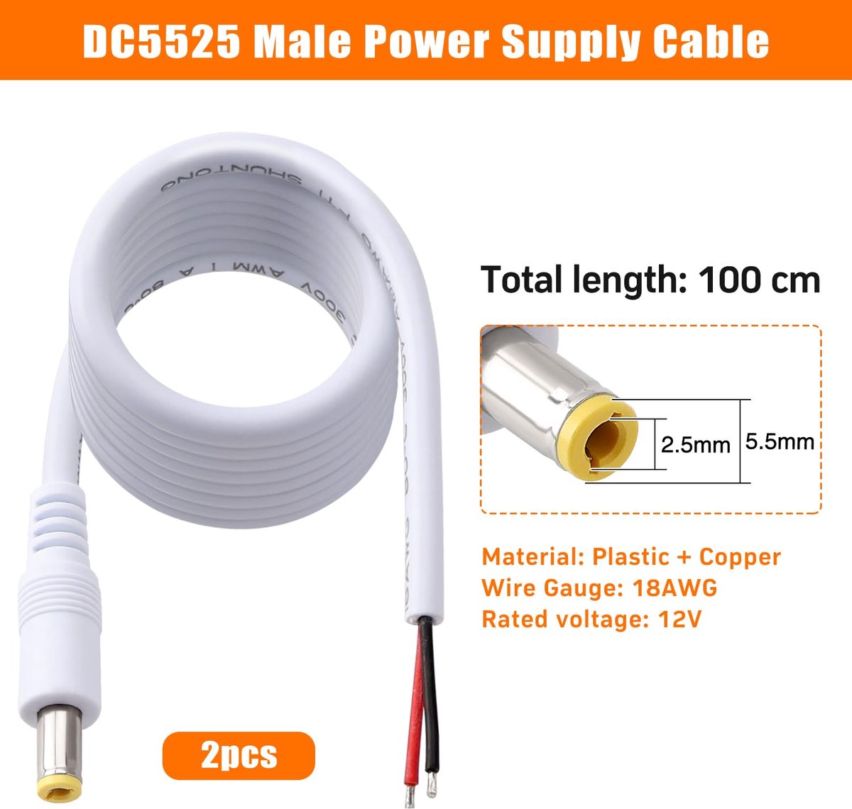 2 Stuks 100cm 18 AWG 5.5mm x 2.5mm DC Power Pigtails-Kabel, DC Mannelijke Stekker naar Blote Draad Open Einde Voeding Vervangend Reparatiesnoer, voor CCTV-Beveiligingscamera, Wit