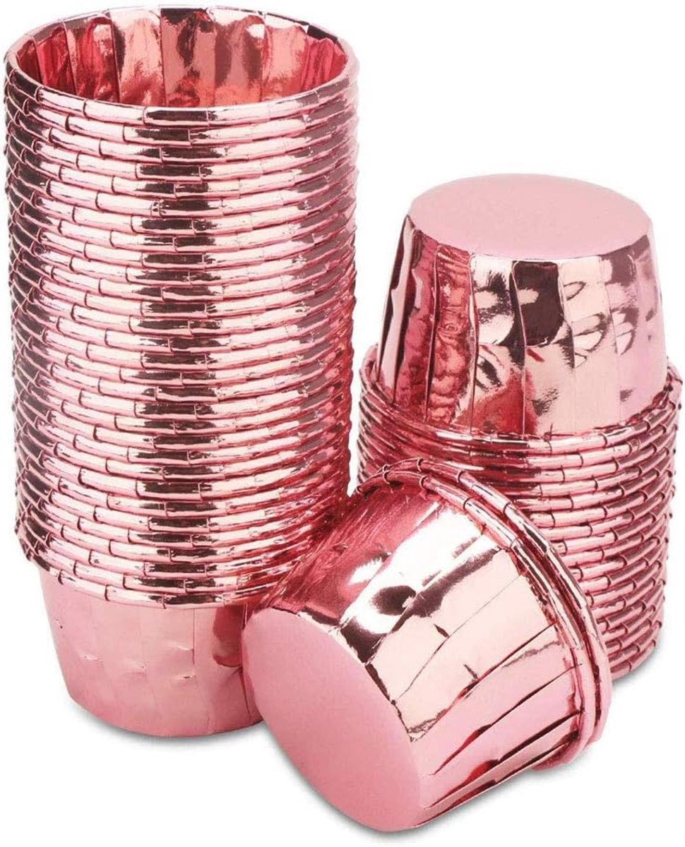 50 stuks cupcakevormpjes muffinvoeringen hoesjes folie metallic taartbekers oliebestendige bakbekers voor verjaardag, bruiloft, Kerstmis (roze)