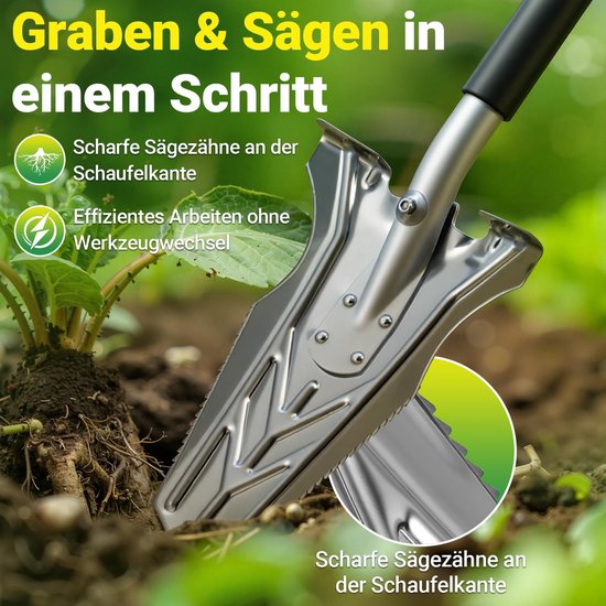 Schop tuin wortelschep met wortelzaag, opvouwbaar 120 cm - Opvouwbare schop met roestvrij lemmet, aluminium steel, zachte handgreep en D-handgreep voor tuin, camping, wortels en aarde — afbeelding 2