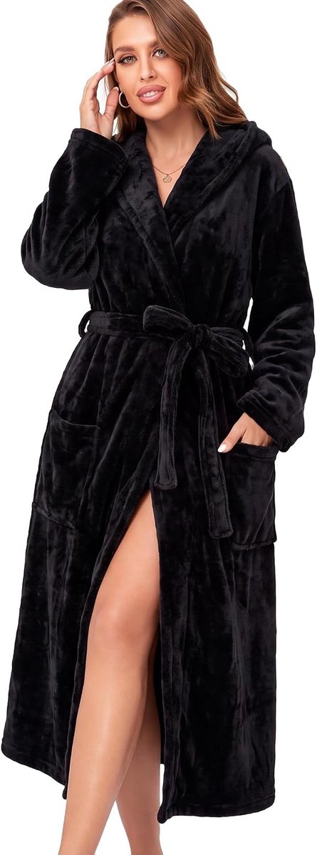Dames Fleece Badjas met Shawl Kraag - Lange Warme Slobkous - Zachte Woonjurk met Zakken