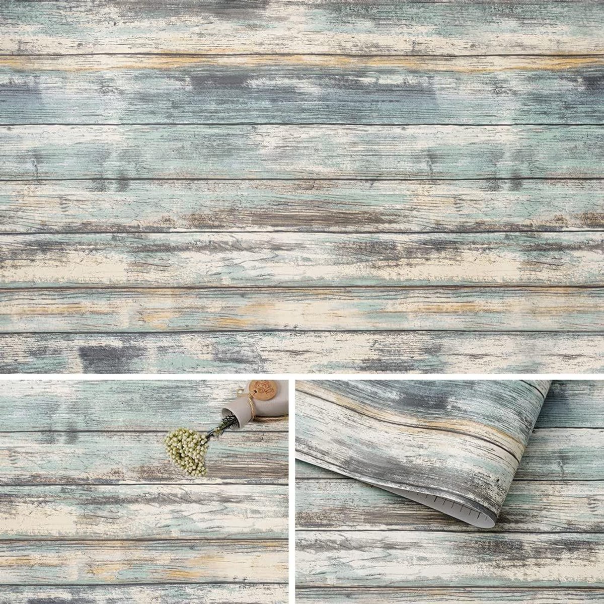 Plakfolie, rustieke houtlook, zelfklevend behang, 44 x 3 m, blauw houtpapier, decoratief vinyl voor meubels, keuken, tafels, kasten