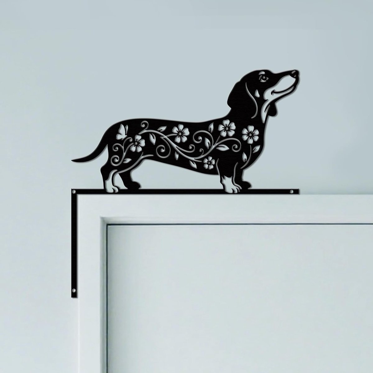Teckel en bloemen metalen deurkozijnornament, zwart, muurdecoratie voor deur, Art Deco originele poorthoek voor huis, badkamer, slaapkamer, huisdecoratie