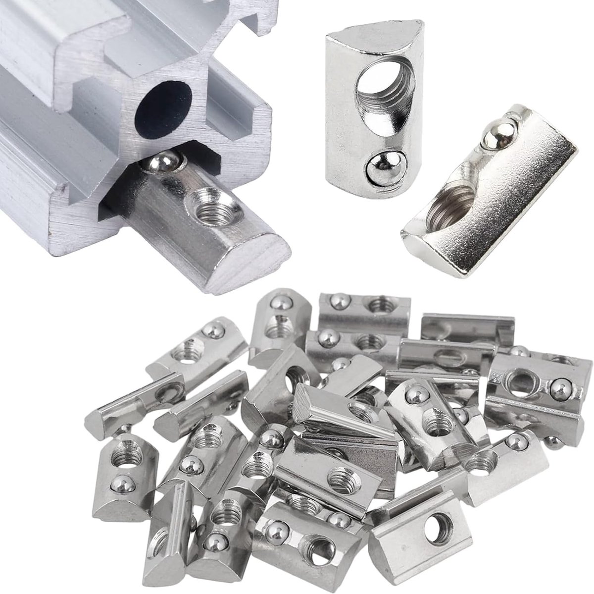 20 stuks M6 sleufstenen met kogelmoer 8 voor 3030 aluminium profiel met centrering veerkogel, 30-serie groefsteen M6 schroefdraad, koolstofstaal glijmoer, T-groefbouten, set voor aluminium C-profiel
