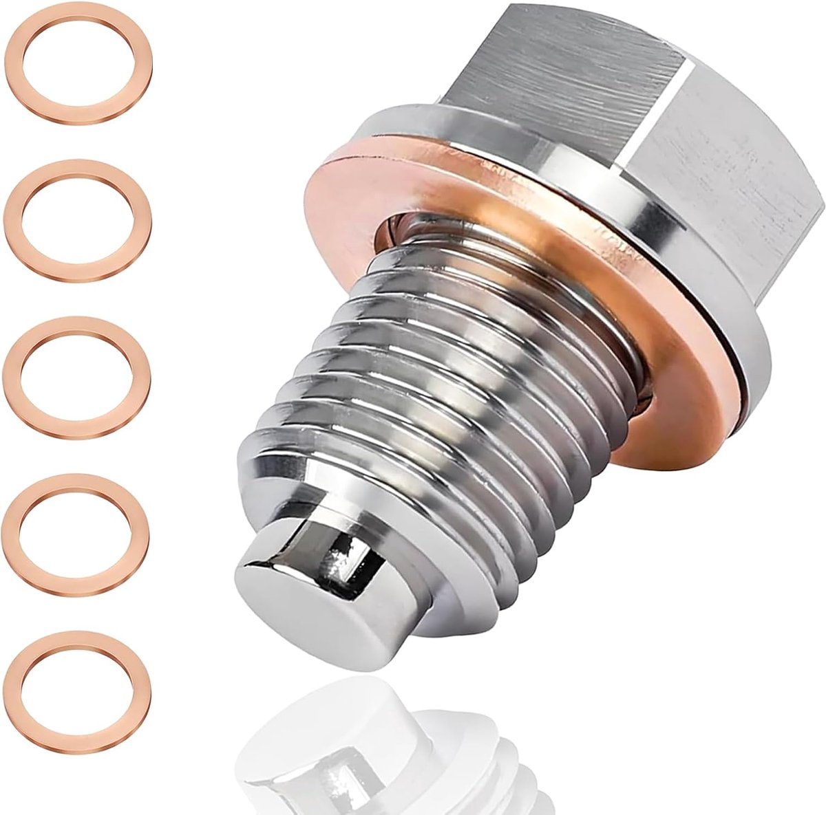 olieaftapplug, roestvrijstalen cartermoer, magnetische olieaftapplug met 5 koperen crush-ringen, olieaftapplug universeel voor de meeste auto's en motorfietsen (M12 x 1,75)
