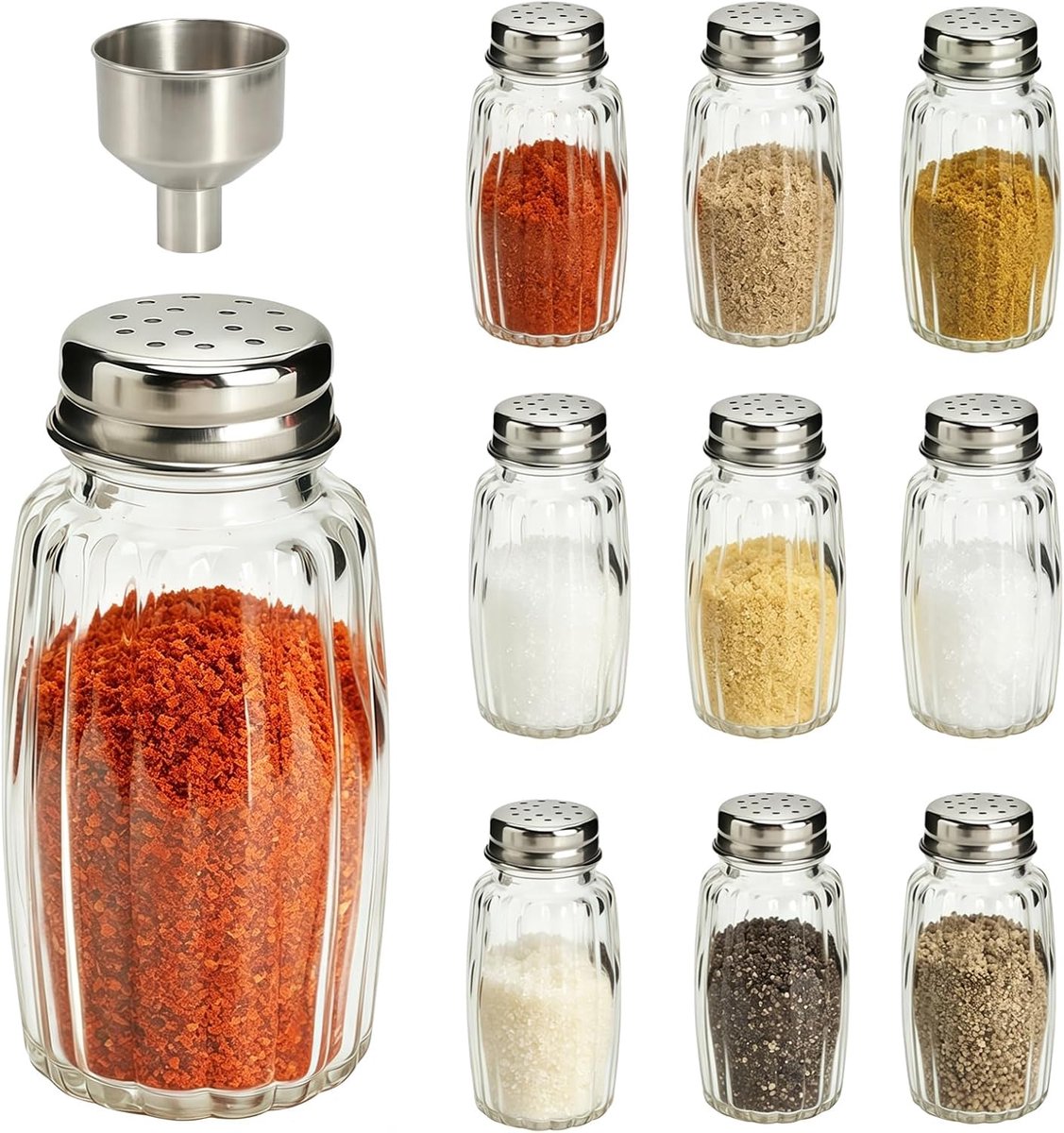 Zout- en Peperstrooier Set, Glazen Kruidenstrooiers en Mini Kruidenpotjes, Kleine Zoutstrooiers met Fijne Gaatjes voor Keuken, BBQ, Restaurant en Horeca met RVS Trechter