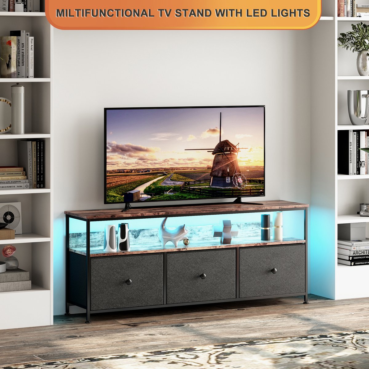 Tv meubel 108x30x57 cm, modern tv kast met led verlichting, 3 zwarte stoffen lades, metalen frame en houtlook blad, verstelbare poten, zwart