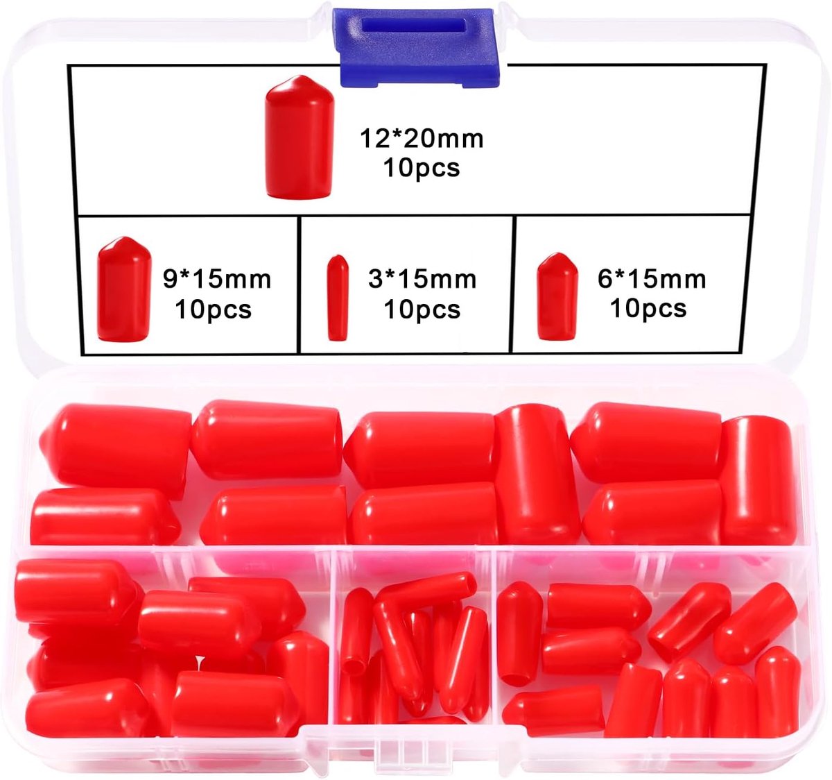 40 Stuks 3/6/9/12 mm Rubberen Eindkappen Assortimentset, Schroefdraadbescherming Ronde Buis, Ronde Flexibele Eindkappen van Vinyl, voor Schroeven, Buizen, Kabels, Draden, Rood
