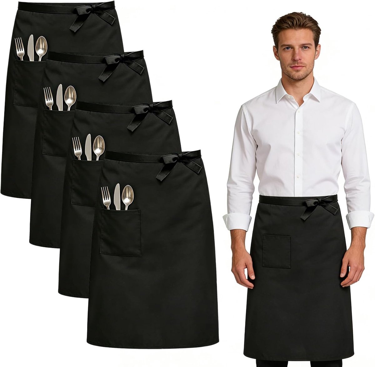 schort met zak, 4 stuks 68 x 70 cm kelnerschort verstelbare lange voorstrik, kookschort half werk serveerschort taille schort zwart voor keuken restaurant bistro bloemist café