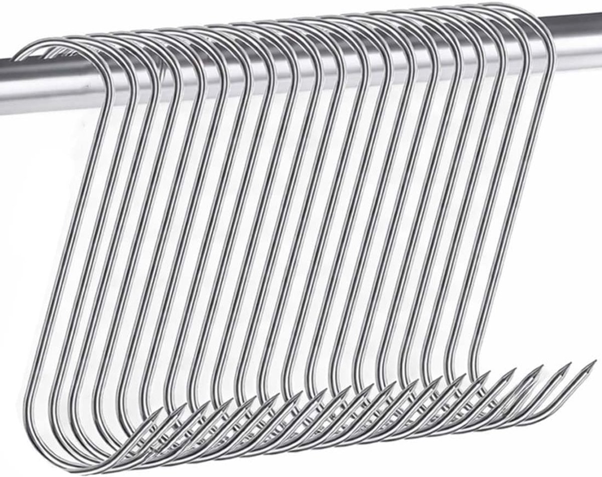 20 stuks haken voor gerookt vlees, S-vormige vleeshaken van roestvrij staal, voor het ophangen en roken van worst, ham, gevogelte en wild, 0,3 cm, zilver