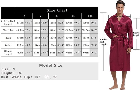 badjas voor heren, ochtendjas, lange badjas, lichte zijden nachtkleding, pyjama voor mannen, met riem, S-XXL — afbeelding 4