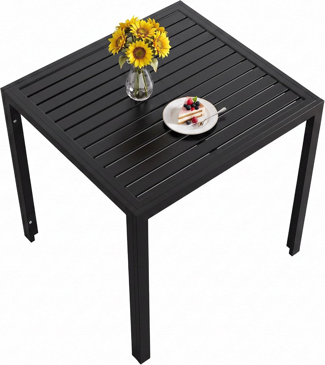 Tuintafel, 75x75 cm Vierkant Balkontafel, Roestvrij Hele Metalen Tuintafel, Weerbestendig Outdoor Eettafel voor Terrassen, Tuin, Balkon, Zwart, 4.65 cm smal bord | Weerbestendig, eenvoudige montage, voor balkon en terras, zwart, 4,6 cm breed