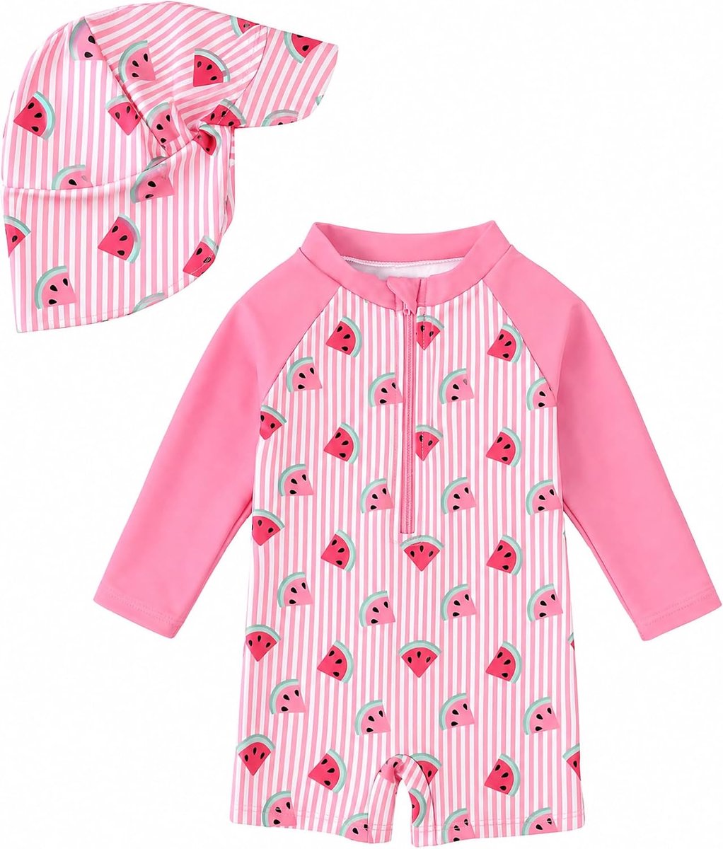 Badpak voor peuters, babyjongens, met zonnehoed, lange mouwen, ritssluiting, zonnebescherming, strand, eendelig badpak
