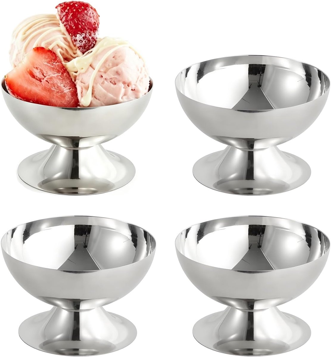 4 stuks dessertkommen roestvrij staal ijsbeker zilver Ø 10 cm 180 ml ijsschalen roestvrij staal dessertbeker zilver ijs beker met voet voor dessert ijs pudding yoghurt salade snack (10 x 6,2 cm
