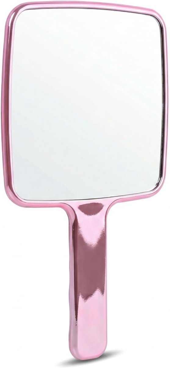 Handspiegel, vierkant, met handvat, cosmeticaspiegel, klein, draagbaar en hoge resolutie, multifunctionele spiegel, voor make-up, reizen en scheren, 17 x 10 cm, roze