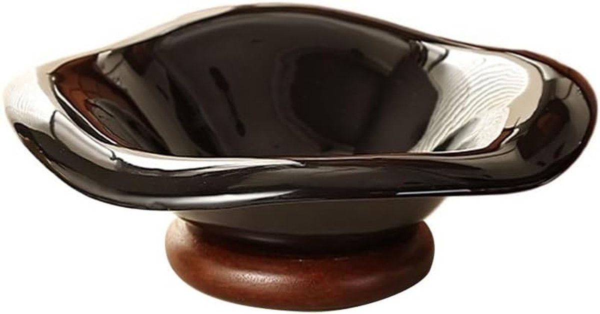 Fruitschaal Onregelmatig gevormde fruitschaal met houten voet, glanzend keramiek, servies for de keuken en woonkamer(Zwart)