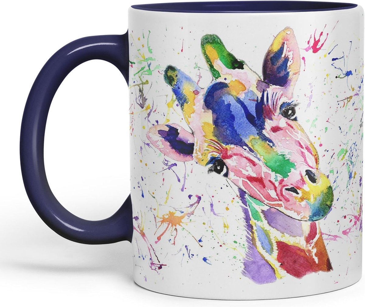 Leuke aquarel giraffe regenboog kunst gekleurde mok beker, cadeau, verjaardag, werk, kantoor, kerst thee koffie (marineblauw)