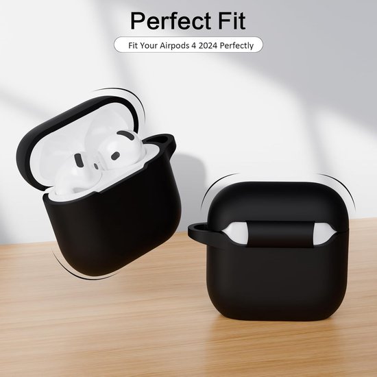 Hoesje compatibel met AirPods 4, schokbestendig, valbescherming, krasbestendig, siliconen hoes voor AirPods 4e generatie (2024) (USB-C) met karabijnhaak, LED aan de voorkant, zwart van hoesje — afbeelding 4