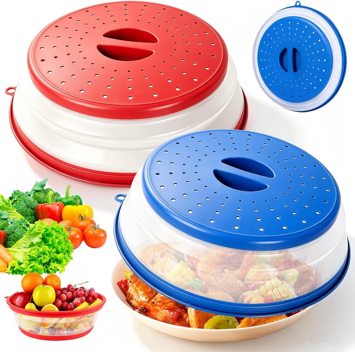 Magnetronafdekking opvouwbaar 2 stuks afdekking voor magnetron deksel 26,5 cm voor fruit groenten / magnetron (rood + blauw)