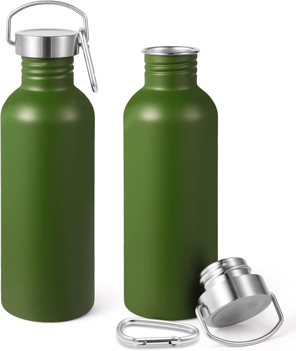 1000 ml ongeïsoleerde enkelwandige waterflessen 2 stuks, roestvrijstalen sportwaterfles met handvat en karabijnhaak, BPA-vrije lichtgewicht waterflessen voor wandelen, hardlopen (legergroen