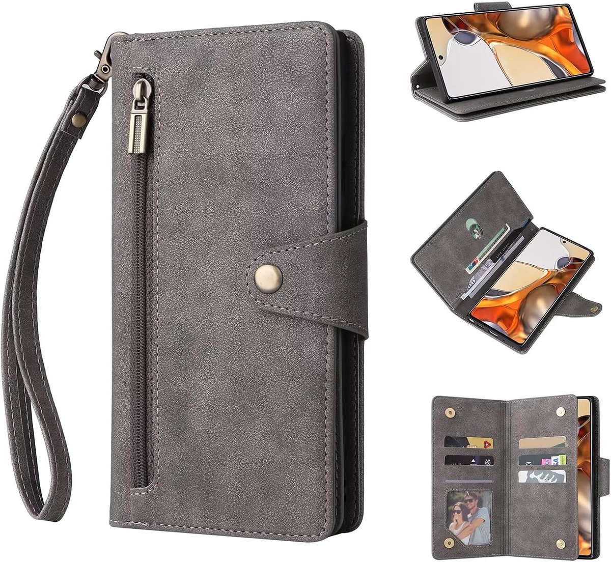 Leren Hoesje voor Google Pixel 10A,Hoogwaardige lederen Shockproof Rits Portemonnee Flip Telefoongevallen met Kaartsleuven,Stand Functie,magnetische sluiting -grijs