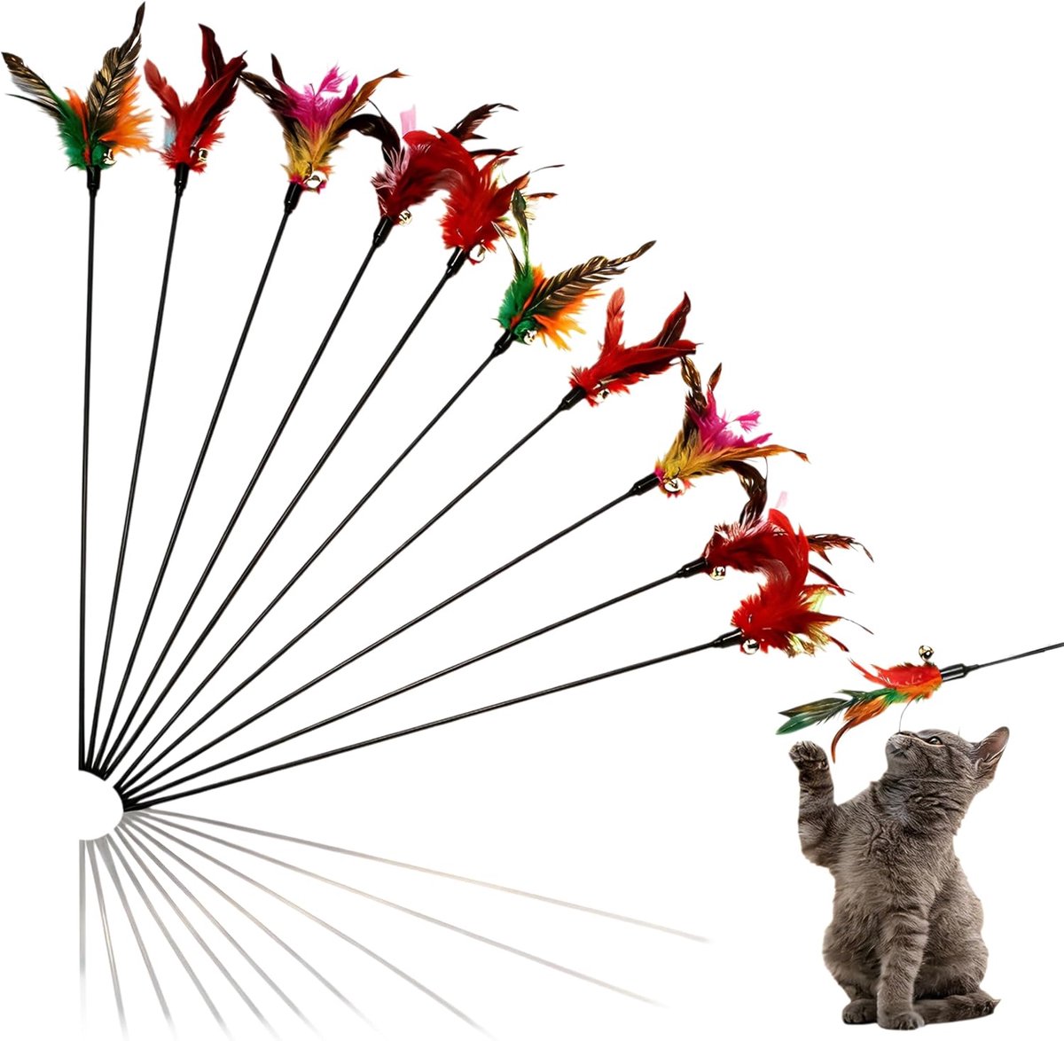 SnelShoppen - 10x Kattenhengel met Veer Interactief Kattenspeelgoed met Belletje - Kleurrijke Veerspeelstok voor Beweging en Binding - 40 cm - Perfect