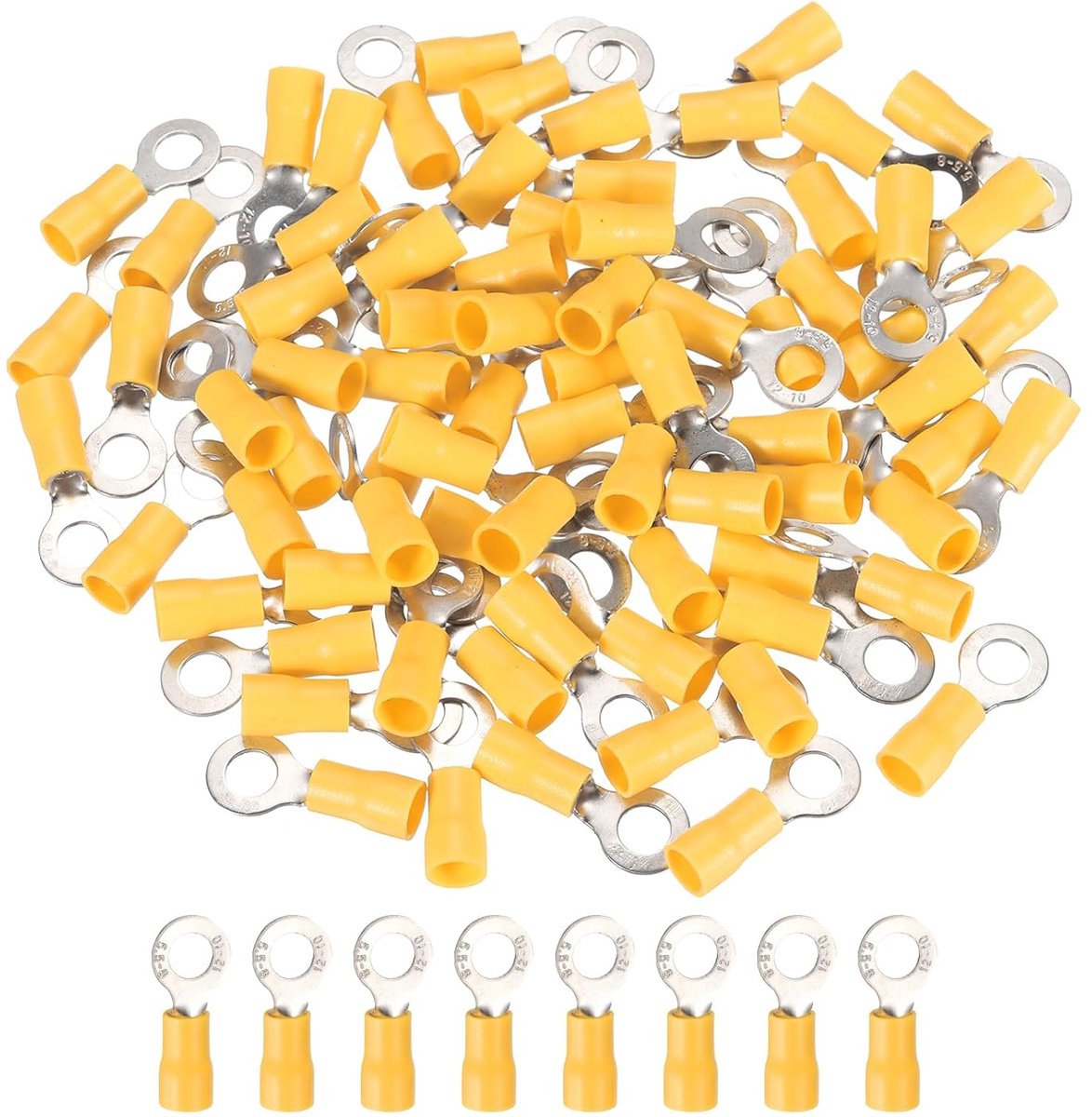 100 stuks RV5.5-6 geïsoleerde ringkabelschoenen, elektrische kabelverbinders, kabelschoenen, krimpconnectorset, 12-10 AWG, voor elektrische projecten, industrie, chemische industrie, geel