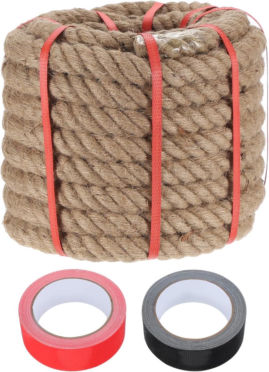 Jute touw 3 cm x 15 m dik, natuurlijk zwaar gevlochten touw met 2 rollen band voor handwerk, leuningen, moli touwtrekken, nautische schommel, landschapsarchitectuur